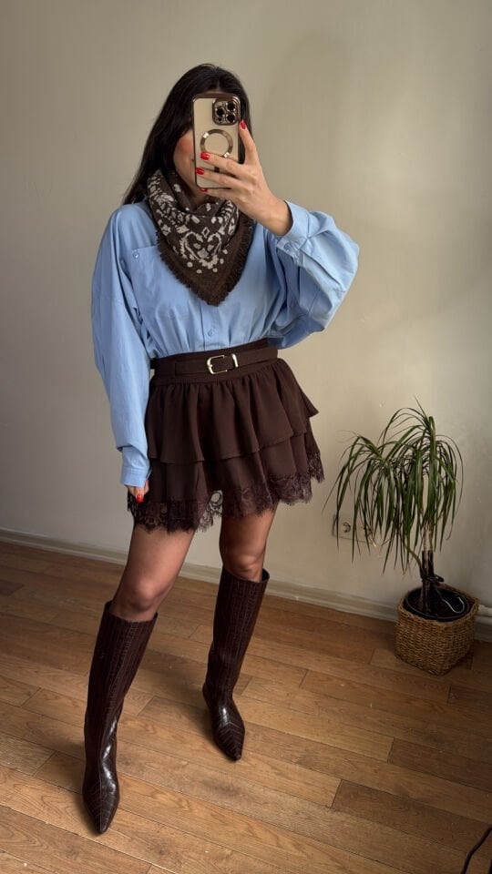 Kemer detaylı fırfırlı etek